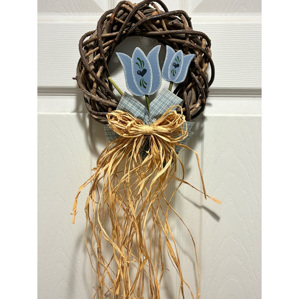 Wooden Tulip Grapevine Wreath Blue Gingham Raffia Bow 8in